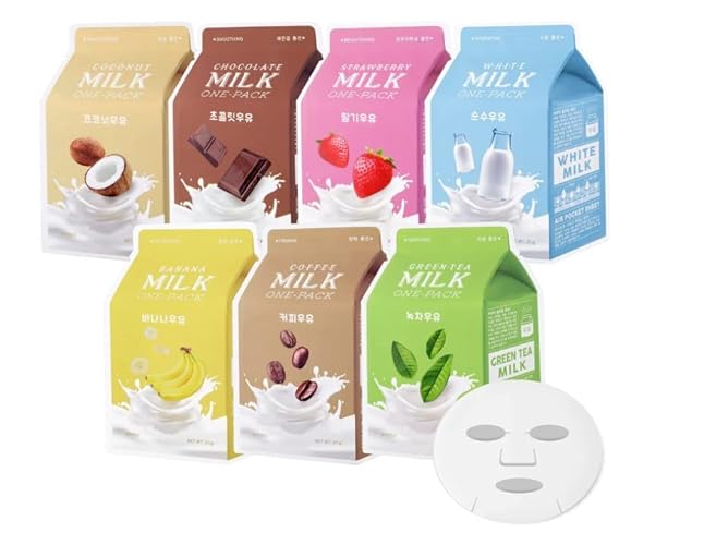 A’PIEU Milk Sheet Mask (7 flavors in 1 pack) with Milk Essence to mildly exfoliate Hydrate, brighten - Korean skincare for normal to dry skin. - Milk