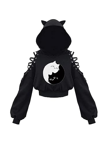 Loalirando Women's Cute Cat Ear Crop Top Oversized Hoodie Off Shoulder Hollow Out Long Sleeve Black Punk Gothic Sweatshirts - M - Black White Cat