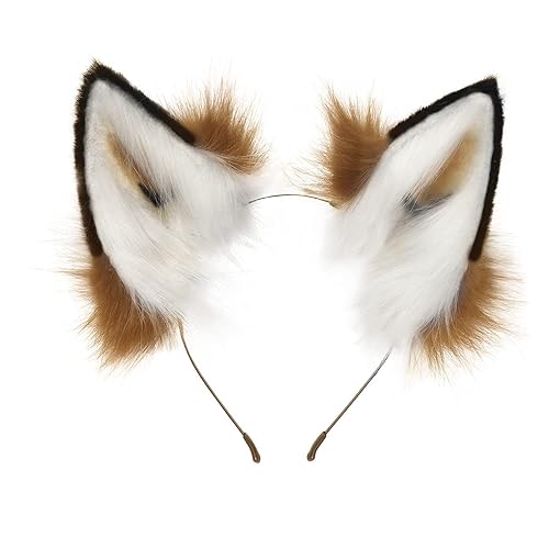 QinRuan Fox Cat Long Fur Ears Hair Headwear Wolf Animal Anime Halloween Cosplay Costume - Brown