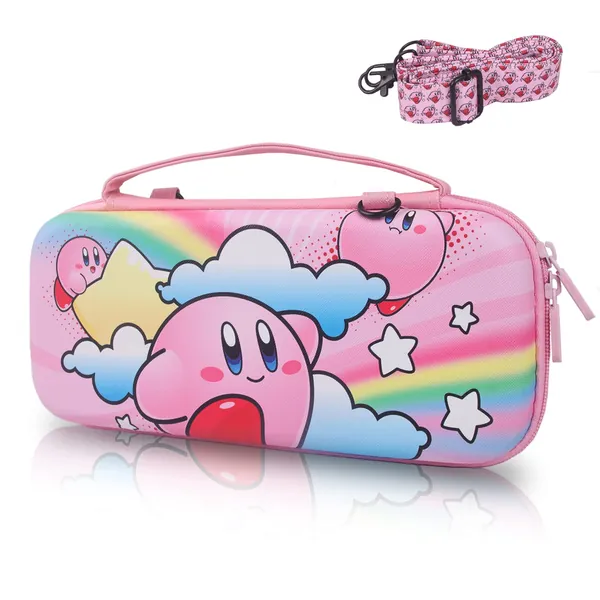TIKOdirect Carrying Case for Nintendo Switch & OLED Mode, Cute Portable Travel Bag in Newest Updated Design of Pink Interior with an Adjustable Shoulder Strap, Pink Kirby