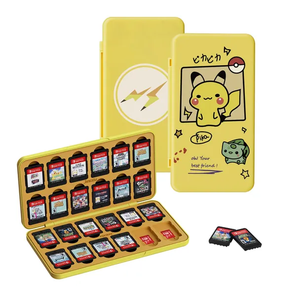 JINGDU 24-Slot Switch Game Case for Switch Games & Micro SD Cards, Hard Shell, Soft Lining, [Shockproof, Portable], The Switch Game Holder Suitable for Switch, Lite & OLED Games, Pika & Bulbasaur - Pika