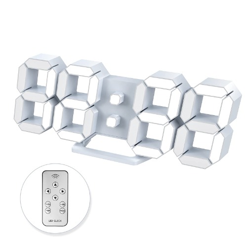 LED digital väggklocka 3D liten väckarklocka heminredning snooze inget ljud dimbar tidsminne 12/24 datum temperaturvisning fjärrkontroll nattlampa kontor kök sovrum vardagsrum 25,2 cm vit