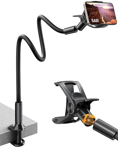 SAIJI Gooseneck Phone Holder for Bed Overall Length 38.6” Flexible Leather Wrapped Arm Overhead Cell Phone Mount Stand with 360° Adjustable Clamp Clip, Compatible with All 4-7” Cellphones (Black) - black - Upgraded Rotatable-Ball Clamp