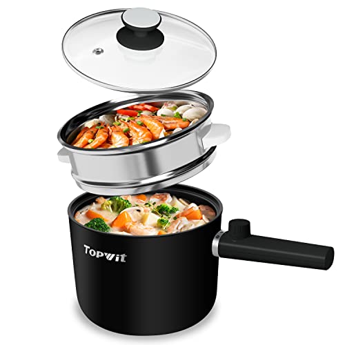 Topwit Hot Pot Electric with Steamer, 1.5L Ramen Cooker, Non-Stick Frying Pan, Electric Pot for Pasta, BPA Free, Electric Cooker with Dual Power Control, Over-Heating & Boil Dry Protection, Black - (with steamer)Black