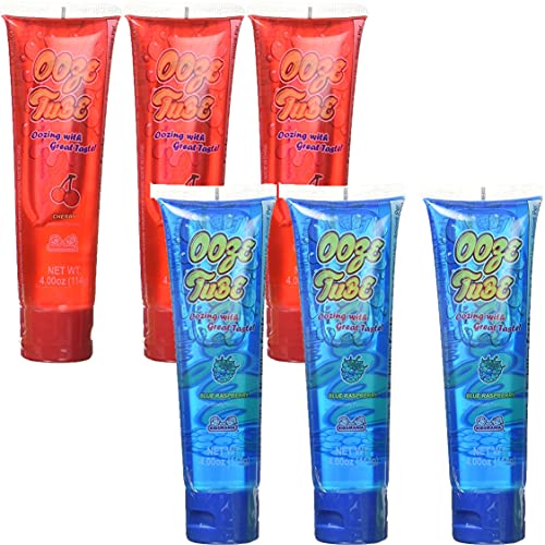 Set of 6 Kidsmania 4oz Ooze Tubes! Oozing Delicious Flavors - Blue Raspberry and Cherry (6) - Blue Raspberry - 4 Ounce (Pack of 6)