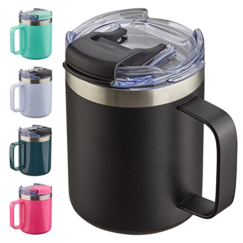 ALOUFEA 12oz Insulated Coffee Mug Cup with Handle, Stainless Steel Travel Coffee Mug with Flip Lid, Double Wall Vacuum Coffee Tumbler, Black - 1 Count (Pack of 1) - .Fliping Lid: Black