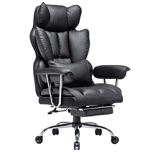 Efomao Desk Office Chair 400LBS, Big High Back PU Leather Computer Chair, Executive Office Chair with Leg Rest and Lumbar Support, Black Office Chair - Black