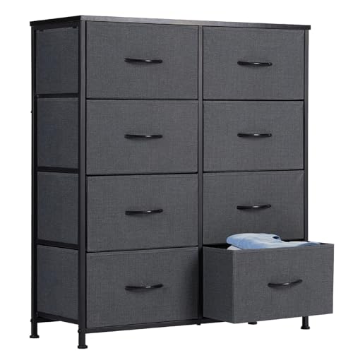 Sweetcrispy Dresser, Dresser for Bedroom Drawer Organizer Storage Drawers, Fabric Storage Tower with 8 Drawers, Chest of Drawers with Steel Frame, Wood Top for Nursery, Living Room, Closet - Dark Grey