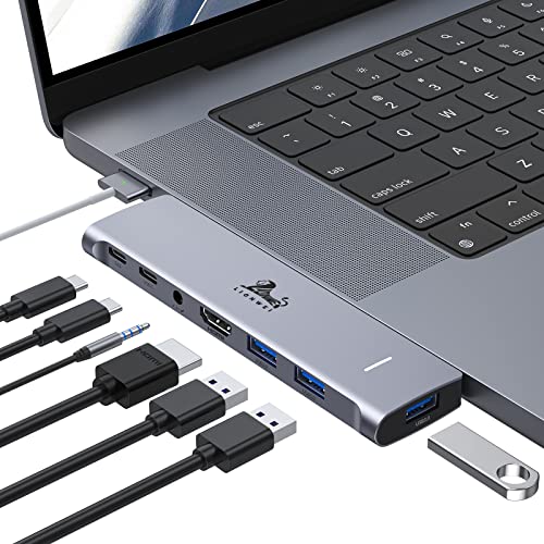 USB C Hub Adapter for MacBook Pro/Air M1M2 2022 2021 2020 13" 15" 16",Multiport MacBook Adapter MacBook Accessories with 4K HDMI,3USB3.0,Audio,100W Thunderbolt-Enabled USB-C,Support MagSafe 3 Charging - New 7 IN 2