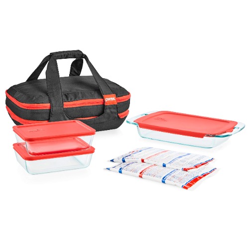 Pyrex Easy Grab 9-Piece Glass Baking Dish Set with Lids and Insulated Carrier, Glass Food Storage Containers with Insulated Bag and Hot/Cold Packs, Non-Toxic, BPA-Free Lids, Bakeware Set - 9 PC w/ Carrier Bakeware and Storage Containers w/ Carrier