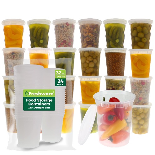 Freshware Food Storage Containers [24 Set] 32 oz Plastic Deli Containers with Lids, Slime, Soup, Meal Prep Containers | BPA Free | Stackable | Leakproof | Microwave/Dishwasher/Freezer Safe - 32 oz, 24-Set