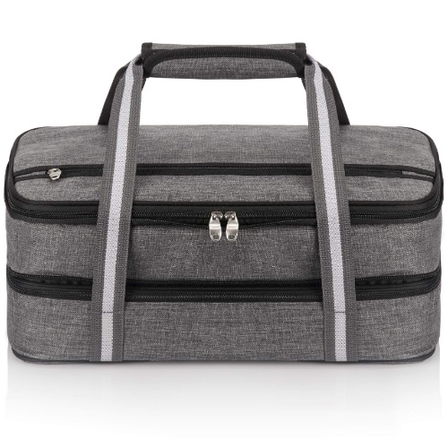 Insulated Expandable Double Casserole Carrier and Lasagna Holder for Picnic Potluck Beach Day Trip Camping Hiking - Hot and Cold Thermal Bag in Gray – Tote can hold 11 x 15 or 9 x 13 baking dish - 