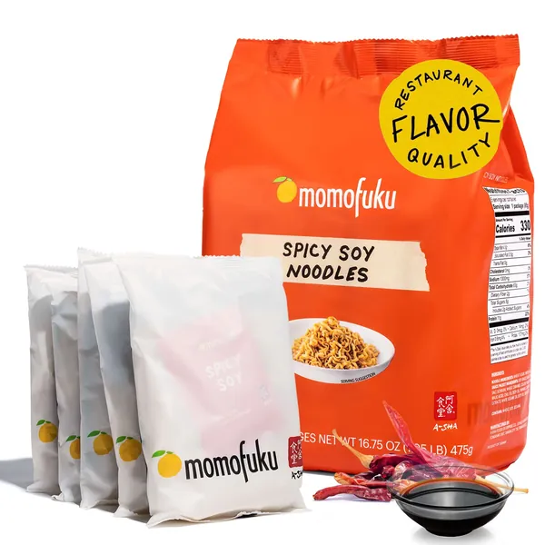 Momofuku Spicy Soy Noodles Ramen Noodles by David Chang, 5 Servings, Authentic Spicy Ramen Soup, Asian Snacks - Spicy Soy