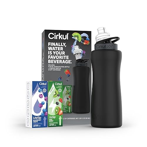 Cirkul 32oz. Matte Black Stainless Steel Water Bottle Starter Kit with Black Lid and 2 Flavor Cartridges (1 LifeSip Blueberry Grape, 1 GoSip Kiwi Berry) Zero Calories and No Sugar - Matte Black