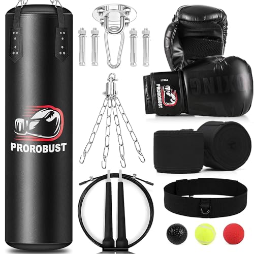 Prorobust Punching Bag for Adults, 4ft PU Heavy Boxing Bag Set with 12OZ Gloves for MMA Kickboxing Boxing Karate Home Gym Training (Unfilled) - Black