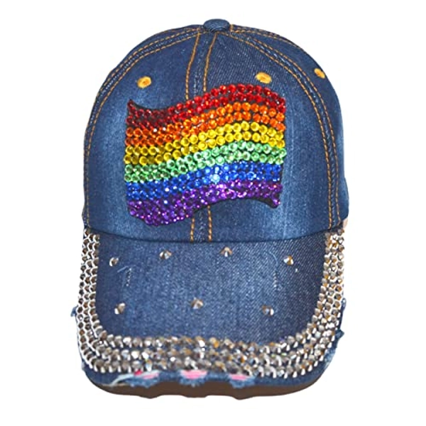 Popfizzy Bling Hat for Women, Fun Rhinestone Baseball Cap, Bejeweled Distressed Denim Hat, Bling Gifts for Women - One Size - Rainbow Flag (Denim)