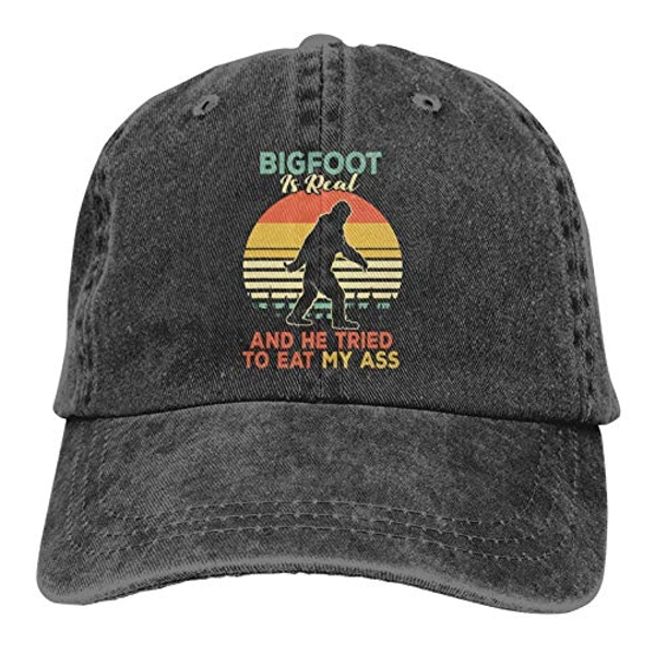 Bigfoot is Real and He Tried to Eat Hat, Funny Sasquatch Gifts for Men Women Adjustable Vintage Denim Dad Baseball Cap - Bigfoot is Real and He Tried to Eat -Black - One Size
