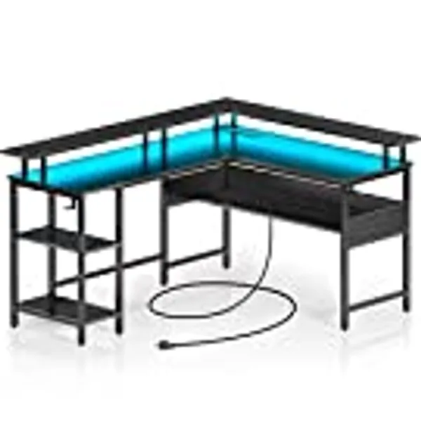 Rolanstar Computer Desk L Shaped with LED Strip & Power Outlets, Reversible L Shaped Computer Corner Desk with Monitor Stand, Home Office Gaming Desk with USB Port&Hook, Black