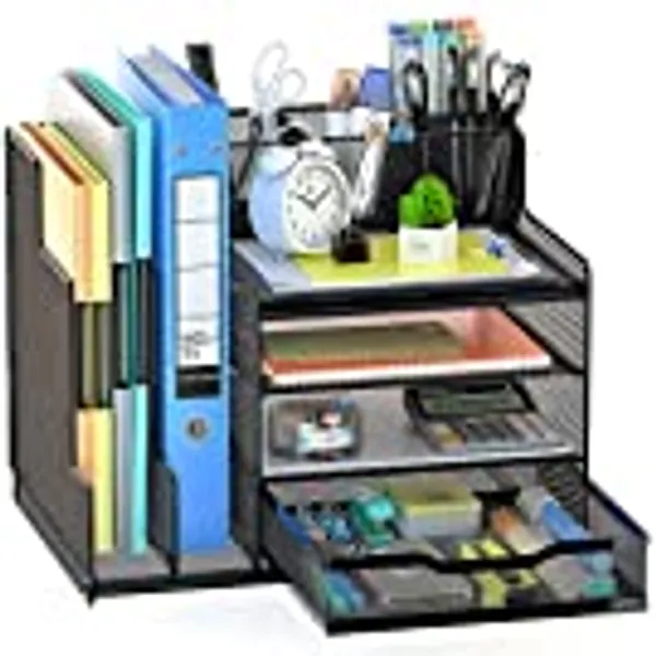 VIVSOL Desk Organizer with Mesh File Holder, 4-Tier Office Supplies Desk Organizers and Accessories with Sliding Drawers, 3 Trays & Pen Holder, Desk File Organizer and Storage for Office, School, Home