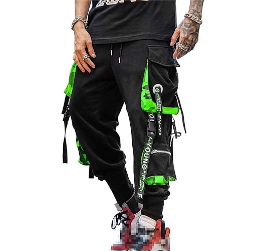 Hello MrLin Men's Jogger Pants Punk Cargo Baggy Techwear Hip Hop Harem Pants Streetwear Tactical Track Pants - X-Large - Black&green