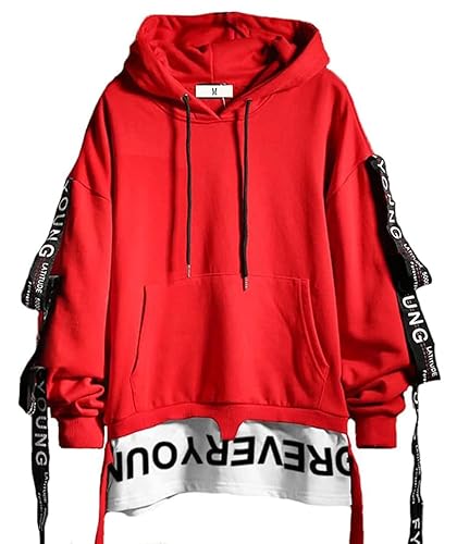 DUDHUH Mens Hoodie Fashion Pullover Letter Print Tracksuit Techwear Casual Coat Hip-Hop Sweatshirt - X-Large - Red