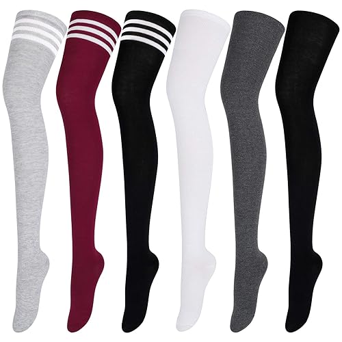 Aneco 6 Pairs Extra Long Socks Long Boot Stockings Thigh High Socks for Women - One Size - Multicoloured Stripes Colors, Pure Colors
