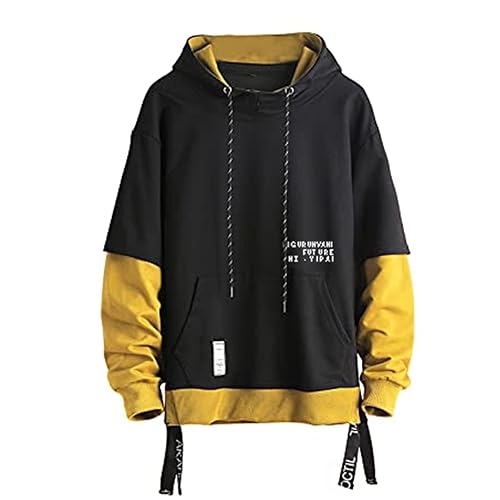 GURUNVANI Contrast Color Pullover Hoodie Mens Patchwork Hoodies Men - Yellow - X-Large