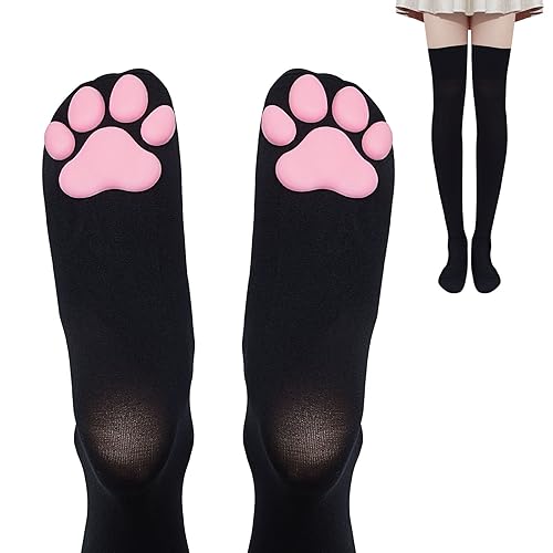 Geyoga Cat Paw Pad Socks Thigh High Pink Cute 3D Kitten Claw Stockings for Women Cat Cosplay - One Size - Black-pink