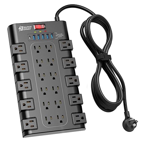 Extension Cord 10 Ft, SUPERDANNY Power Strip Surge Protector with 6 USB Charging Ports and 22 AC Outlets, 1875W/15A, 2100 Joules, Flat Plug Power Outlet for Home, Office, Dorm, Gaming Room, Black - 10 ft - Black