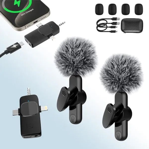 Wireless Lavalier Microphone for iPhone/Camera/Android Phone, Plug-Play Mini Microphone Wireless Lapel Mic with Lightning+USB-C+3.5mm Receiver, Clip On Microphone for Video Recording/TikTok/YouTube