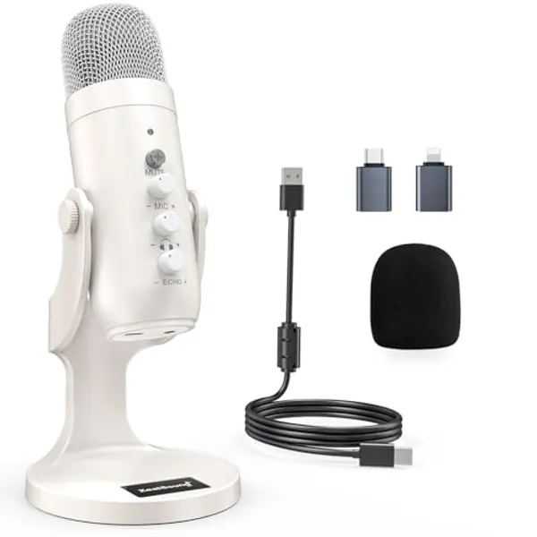 zealsound USB Microphone, k66 Pearly White Podcast Mic for PC iPhone Mac PS4&5 Android, with Mute/Noise Reducing/Echo/Gain, Plug & Play for Recording, Streaming, Vocal, Gaming, ASMR, YouTuber, Twitch