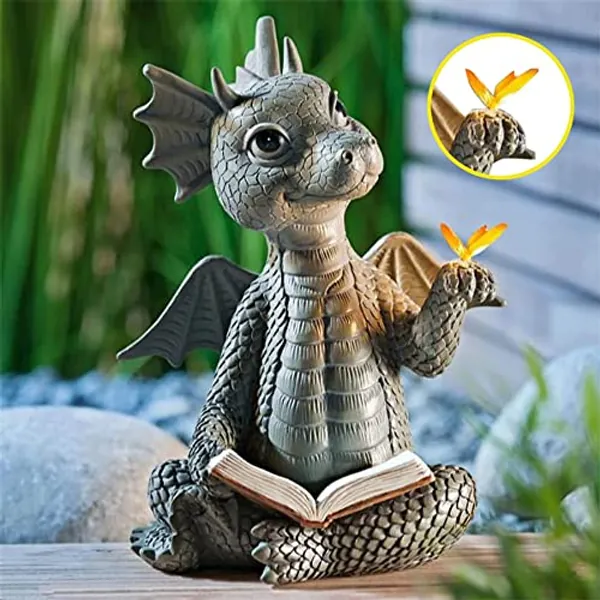 GORWOCO8 Reading Book Little Dragon Sculpture, Cute Garden Ornaments Outdoor, Resin Garden Dragon Sculptures, for Lawn Garden Patio Yard Home Decor