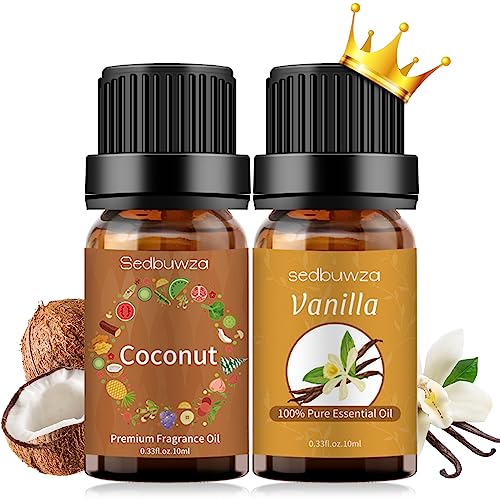 Sedbuwza Coconut Vanilla Essential Oil Gift Set, Organic Coconut Oil 100% Pure Vanilla Oil for Skin, Massage, Diffuser, Aromatherapy - Coconut + Vanilla