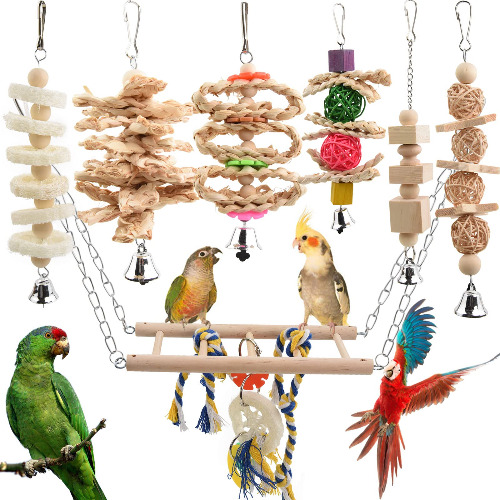 onebarleycorn Grasparkiet speelgoed, papegaai speelgoed, vogelspeelgoed, papegaai, speelgoed, valkparkiet, vogelschommel, kanarie, houten speelgoed (7 stuks)