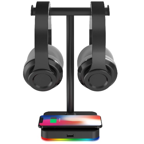 RGB Dual Headphone Stand with Wireless Charger KAFRI Desk Gaming Double Headset Holder Hanger Rack with 10W/7.5W QI Charging Pad and QC 3.0 USB Port - Suitable for Gamer Desktop Table Game Earphone - 4.Black-Dual Pro