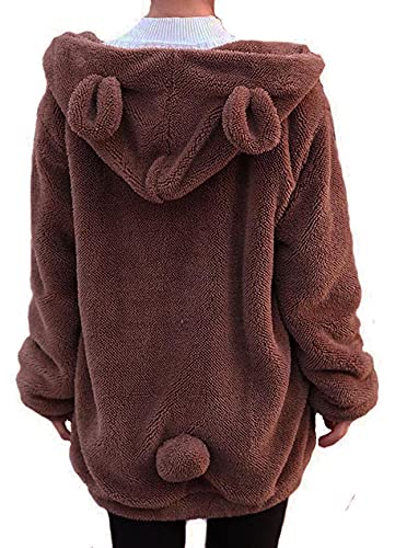 YUNZLAN Fluffy Fashion Tail ears Hoodie for Women girl,Winter Warm Plush Sweatshirt Sweater Jacket coat Long Sleeve Hoodies - One Size - Coffee Bear