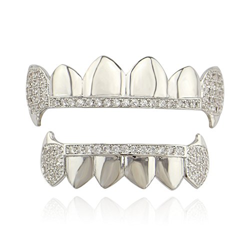 OOCC 18K Gold Plated Hip Hop Teeth Grillz Caps Iced Out CZ Top and Bottom Vampire Fangs Grillz with Diamonds for Your Teeth - Silver