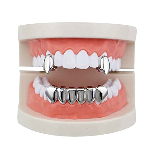 Sadiyamo Vampire Dracula Teeth Grillz 2pc Single Fangs and 6 Bottom Grillz Set -Dazzle at any event, Silver, One Size - Silver