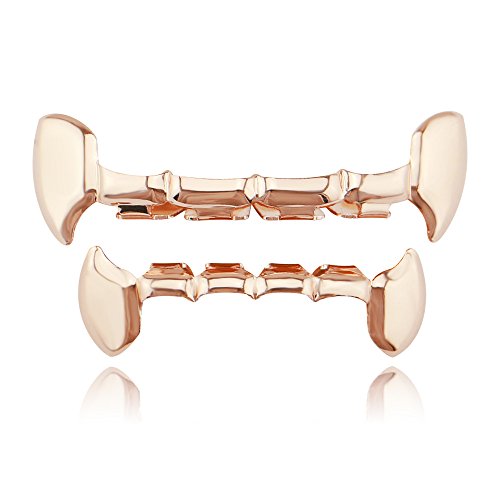 OOCC 18K Gold Plated Hip Hop Teeth Grillz Caps Iced Out CZ Top and Bottom Vampire Fangs Grillz for Your Teeth - Rose Gold
