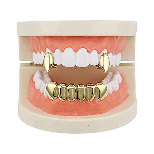 Sadiyamo Vampire Dracula Teeth Grillz 2pc Single Fangs and 6 Bottom Grillz Set -Dazzle at any event, Gold, One Size - Gold