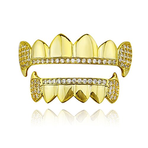 OOCC 18K Gold Plated Hip Hop Teeth Grillz Caps Iced Out CZ Top and Bottom Vampire Fangs Grillz with Diamonds for Your Teeth - Golden