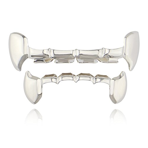 OOCC 18K Gold Plated Hip Hop Teeth Grillz Caps Iced Out CZ Top and Bottom Vampire Fangs Grillz for Your Teeth - Silver