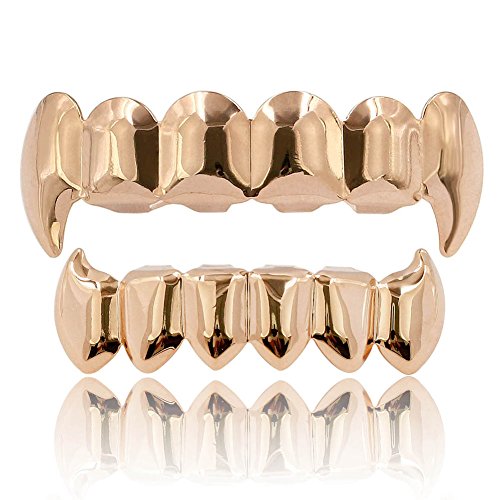 JINAO 18K Gold Silver Plated Hip Hop Vampire Fangs Top Bottom Teeth Grillz Set for Men and Women - Rose grillz