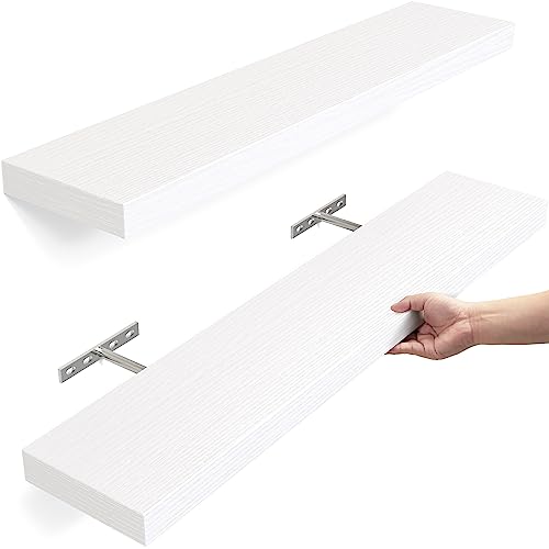 BAYKA Floating Shelves, Wall Mounted Rustic Wood Shelves for Bathroom, Bedroom, Living Room, Kitchen, Office, 23" Hanging Shelf for Books/Storage/Room Decor with 22lbs Capacity (White, Set of 2) - White