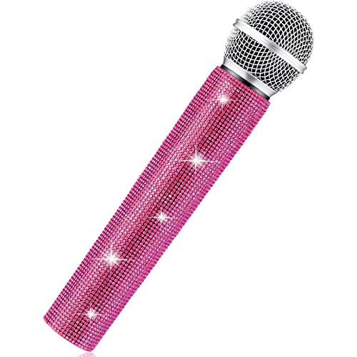 Sanwuta Fake Microphone Prop Sparkly Bling Rhinestones Microphone Prop Plastic Play Microphone Pretend Glitter Bedazzled Microphones for Disco Stage Living Broadcast Live Streaming Party(Pink) - Pink