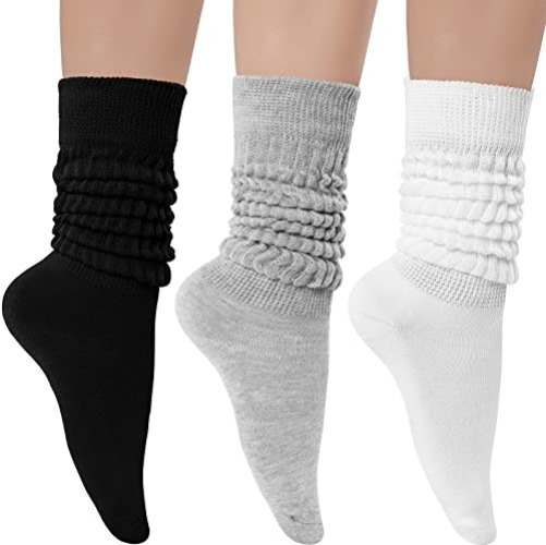Witwot 3 Pairs Women's Slouch Socks Cotton Knit Knee High Tube Scrunch Sock Size 6-11 - 6-11 - Black-white-grey