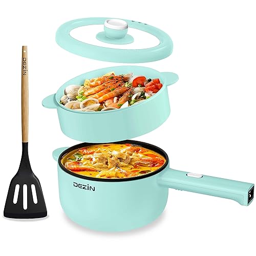 Dezin Hot Pot Electric with Steamer Upgraded, Non-Stick Sauté Pan, Rapid Noodles Electric Pot, 2L Mini Portable Hot Pot for Steak, Egg, Ramen, Oatmeal, Soup with Power Adjustment (Egg Rack Included) - Round - G(Green/with Steamer)