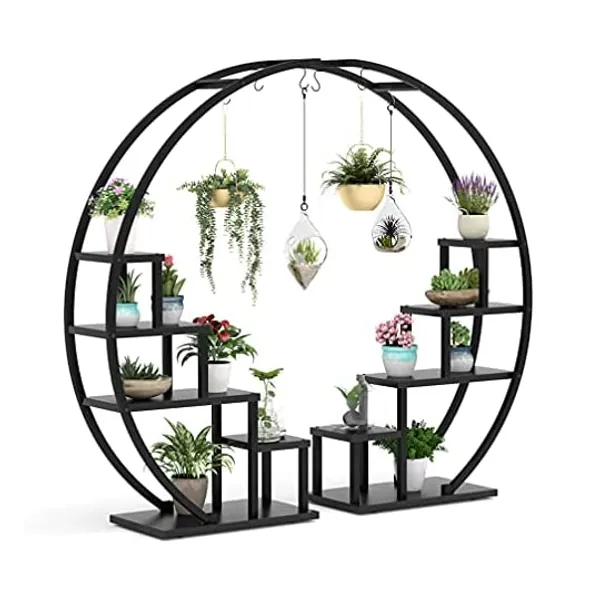 
                            Tribesigns 5-Tier Plant Stand Pack of 2, Modern Bonsai Flower Pot Holder with 6 Hooks, Curved Display Shelf for Home, Indoor, Black
                        