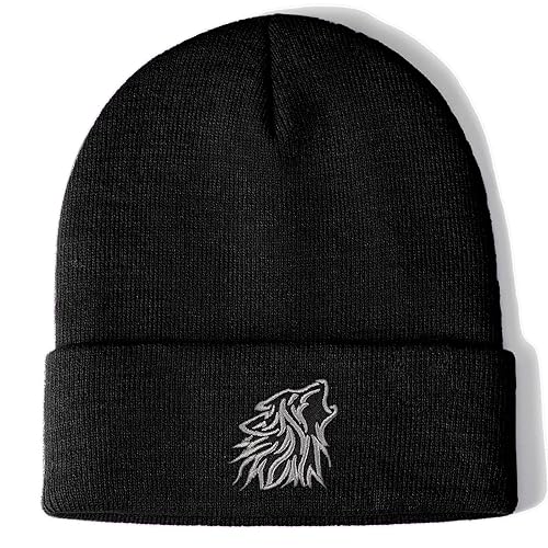 Wolf Beanie Hat Gifts for Men Women Cool Wolf Embroidery Themed Gifts for Wolf Lovers Unique Stuffed Animal Wolf Accessories - Black