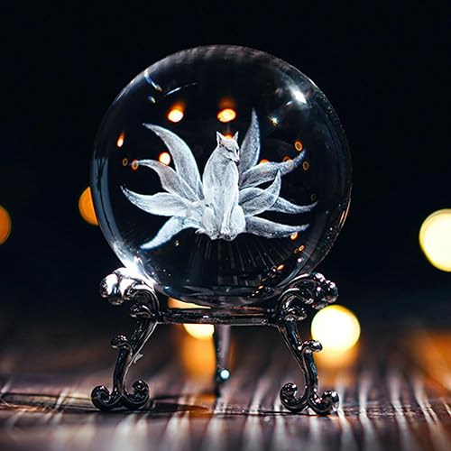 HDCRYSTALGIFTS 3D Crystal Ball with Stand - 60mm Laser Carved Nine-Tailed Fox Glass Full Sphere Art Decorative Ball Paperweight - Clear